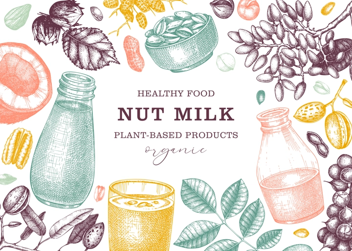 Vegetarian food background. Dairy products banner design. Print template with plant milk in glass, bottle, almond, pecan, coconut, pistachio. Healthy drink, nut milk vector sketches in color